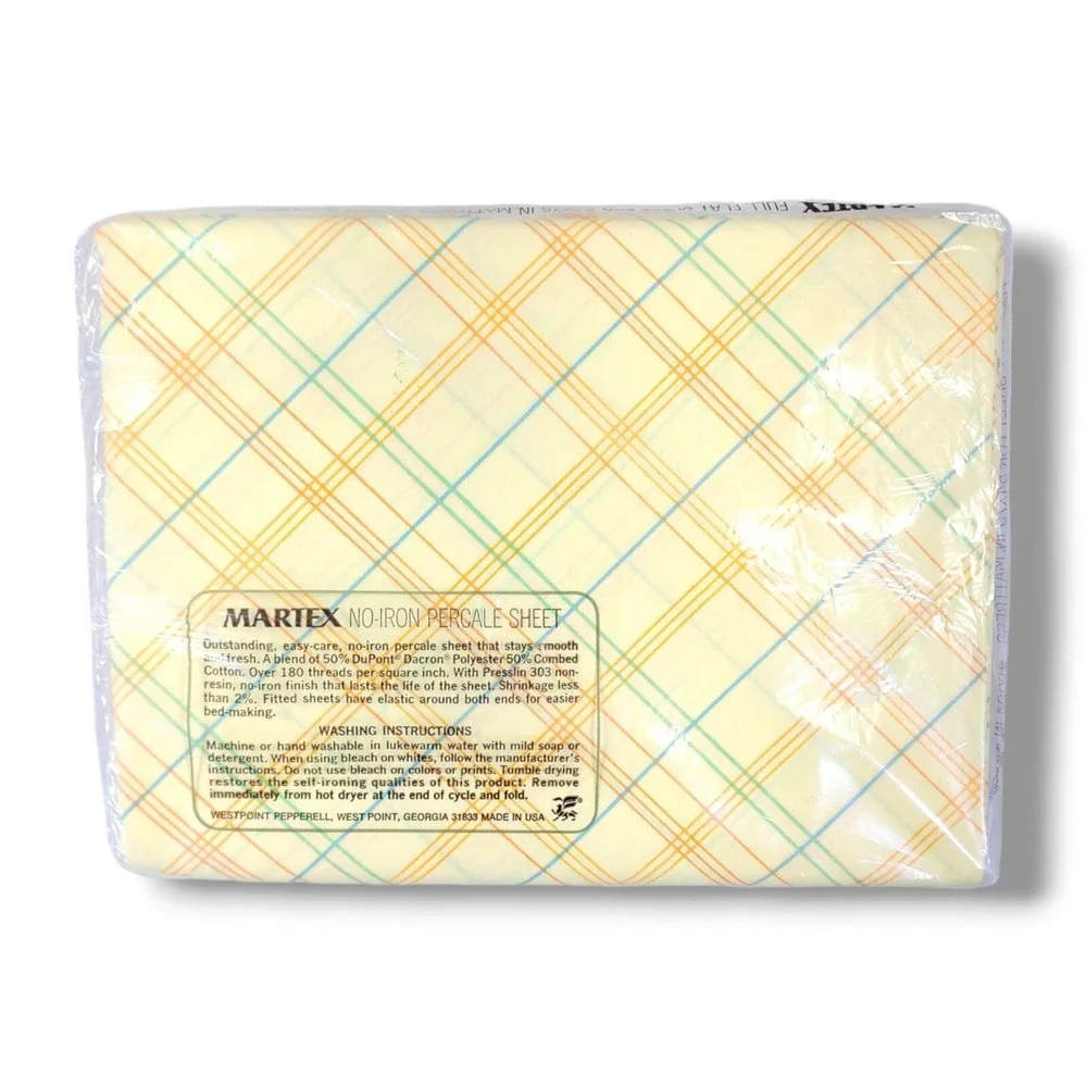 Vintage MARTEX Full Size No-Iron Percale 2-Flat Sheets 1-Pillowcase Yellow Plaid